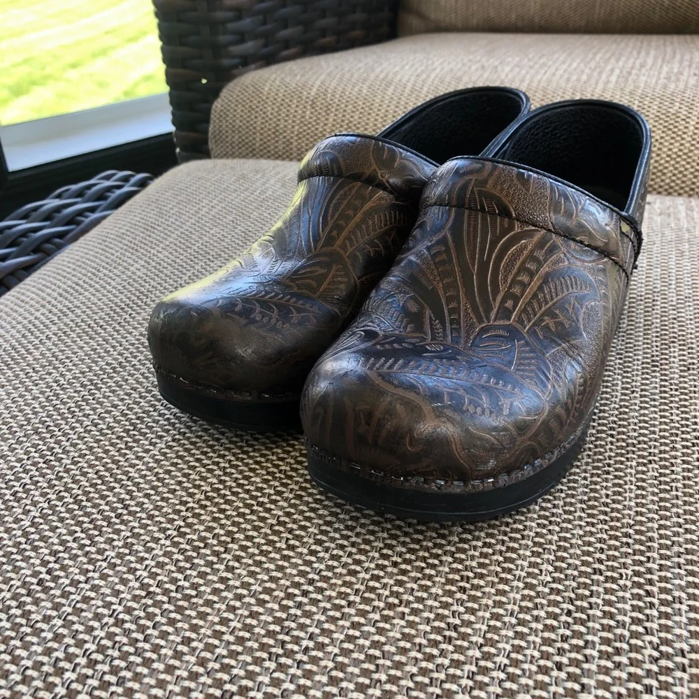 Dansko Brown Patterned Clogs - Picture 1 of 9